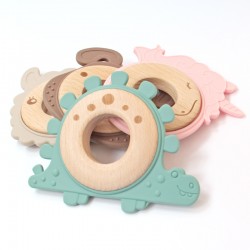 Dino Teething Ring Beech Wood and Silicone Duo